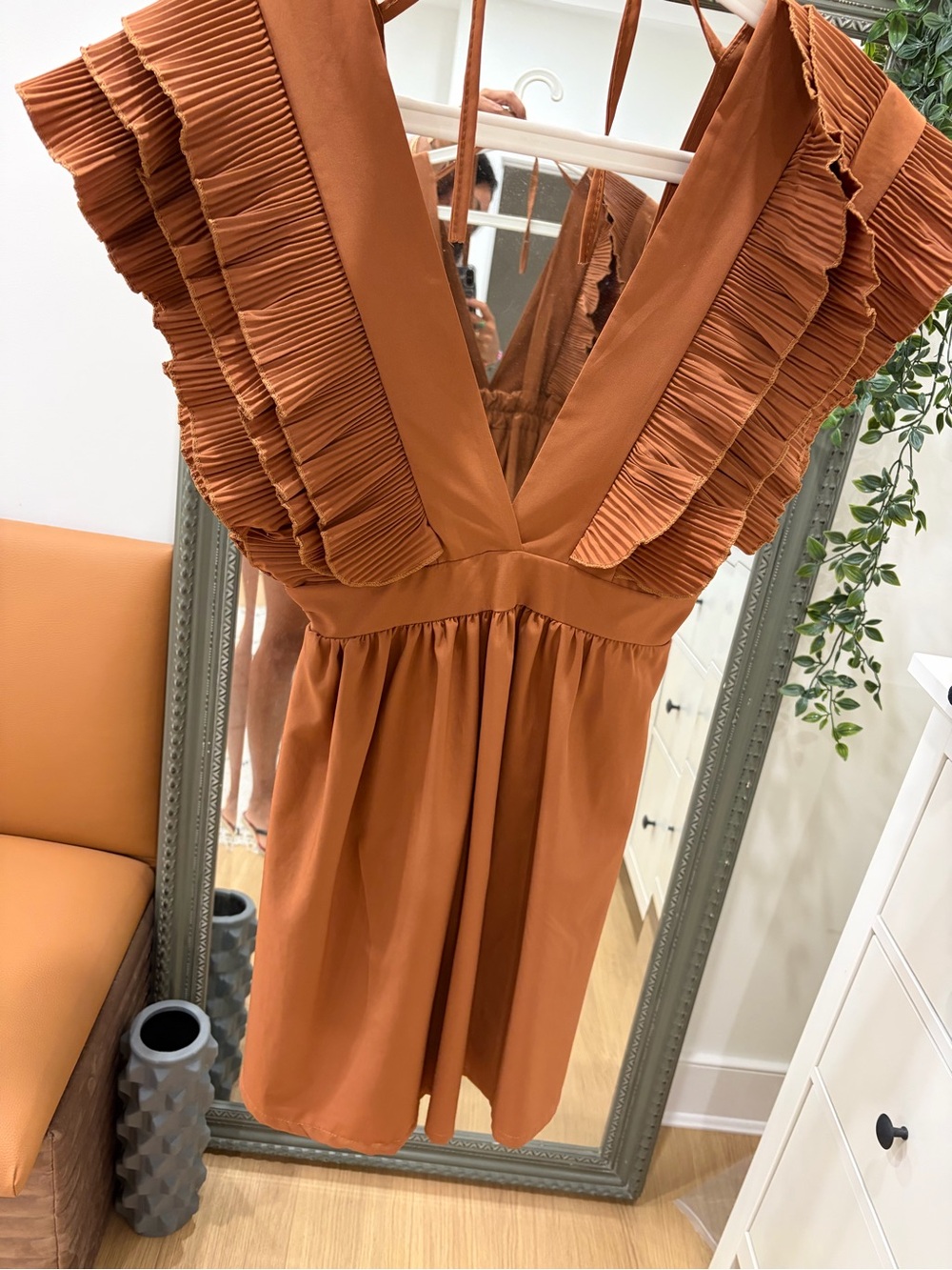 Ruffled V-Neck Mini Dress in Rust